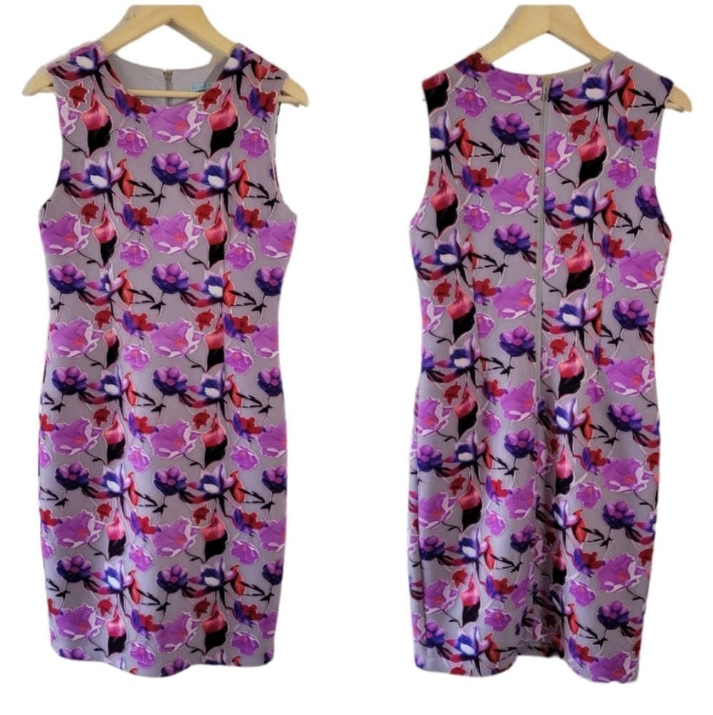 ANTONIO MELANI Purple Floral Dress Sz 8 Sleeveless Thick Jersey Knit Stretchy